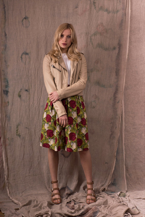 Pazuki | SS19 | Rose Stripe Linen Cotton Pleated Skirt - Model Shot