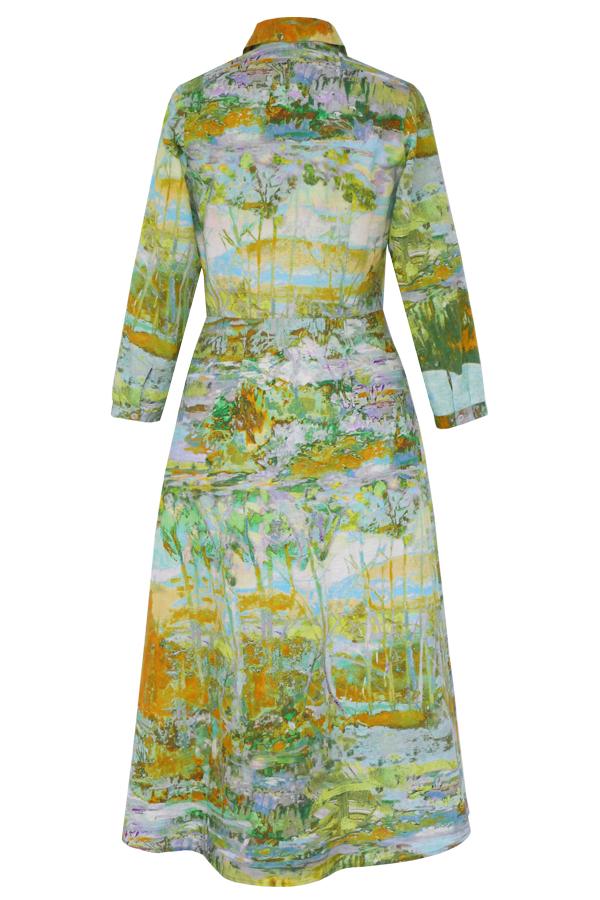 Pazuki | SS20 | Gaia Landscape Green Linen Cotton Shirt Dress
