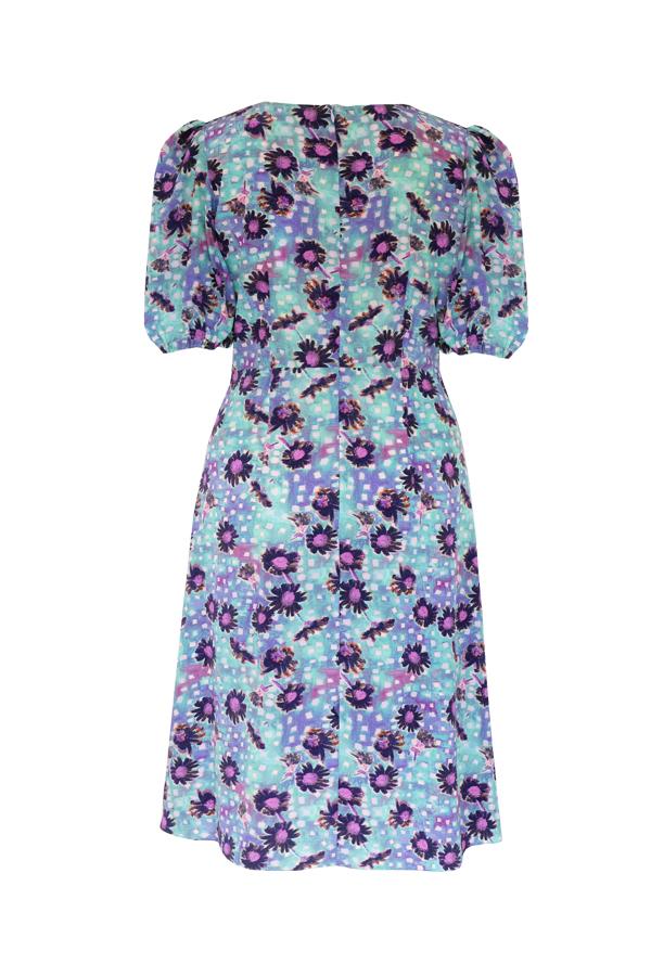 Pazuki | SS20 | Juno Daisy Dots Blue Crepe de Chine Puff Sleeve Dress