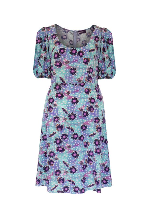 Pazuki | SS20 | Juno Daisy Dots Blue Crepe de Chine Puff Sleeve Dress