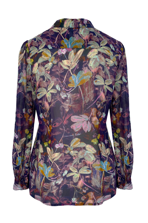 Maia Lumi Leaf Violet Silk Georgette Pussy Bow Shirt