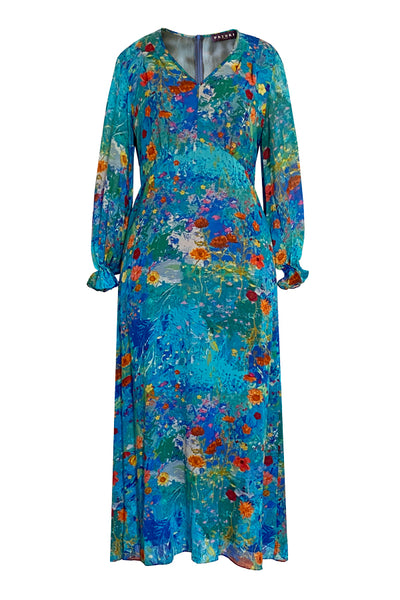 Luxury blue silk designer printed dress by Pazuki