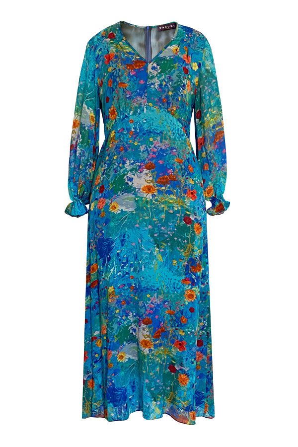 Luxury blue silk designer printed dress by Pazuki