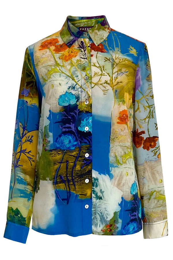 Luxury blue silk designer womens shirt by Pazuki