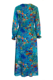 Printed blue silk designer dress by Pazuki